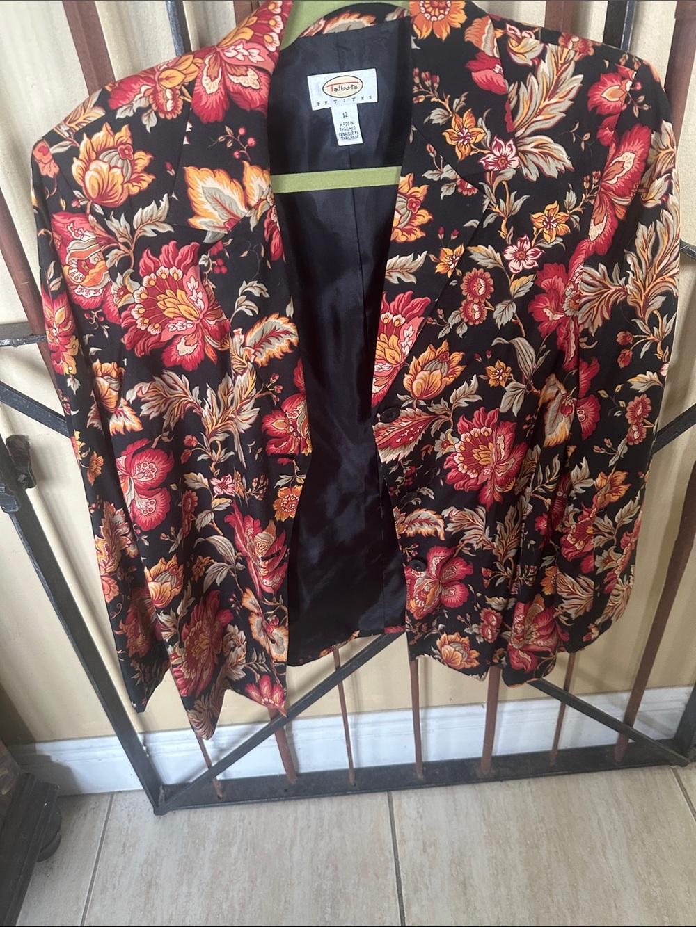 Talbots Black Satin Blazer with Red and Gold Floral Print
